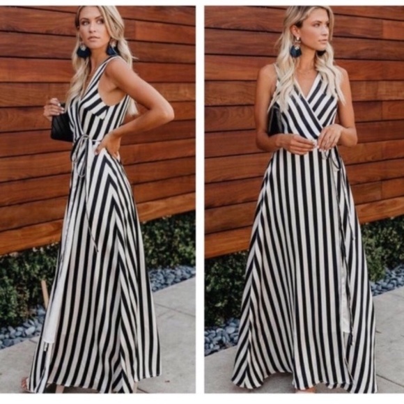 Dresses & Skirts - Black and White Striped Wrap Maxi Dress